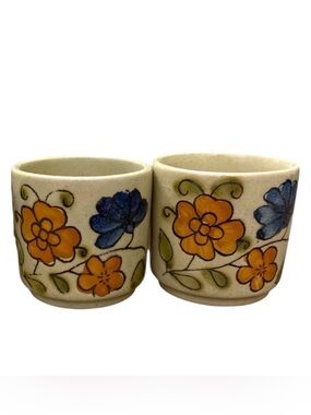 VTG Japanese Stoneware Sake Cups Set of 2 Painted Floral Espresso Cups 70s Boho